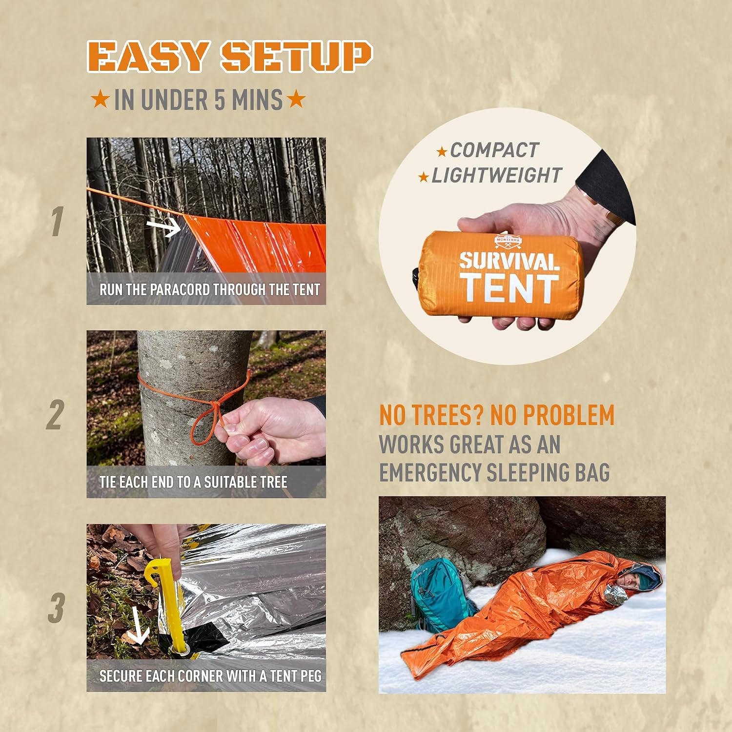 Emergency Tent, 2 Person Survival Shelter, Thermal Mylar, Waterproof, Outdoor Camping Gear and Equipment, Survival
