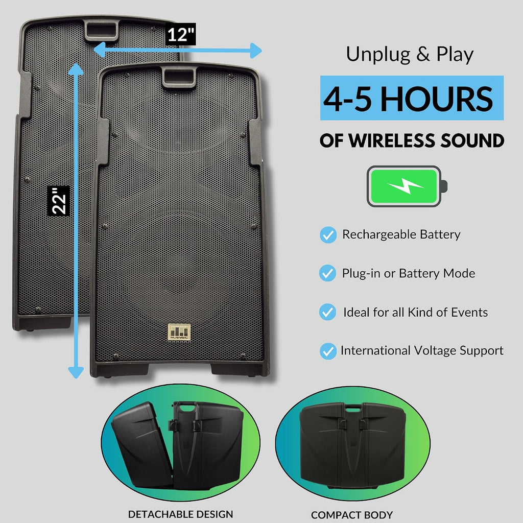 PA Speaker System with Wireless Microphone and Speakers, 2000W | Portable PA System with Bluetooth, Dual Battery