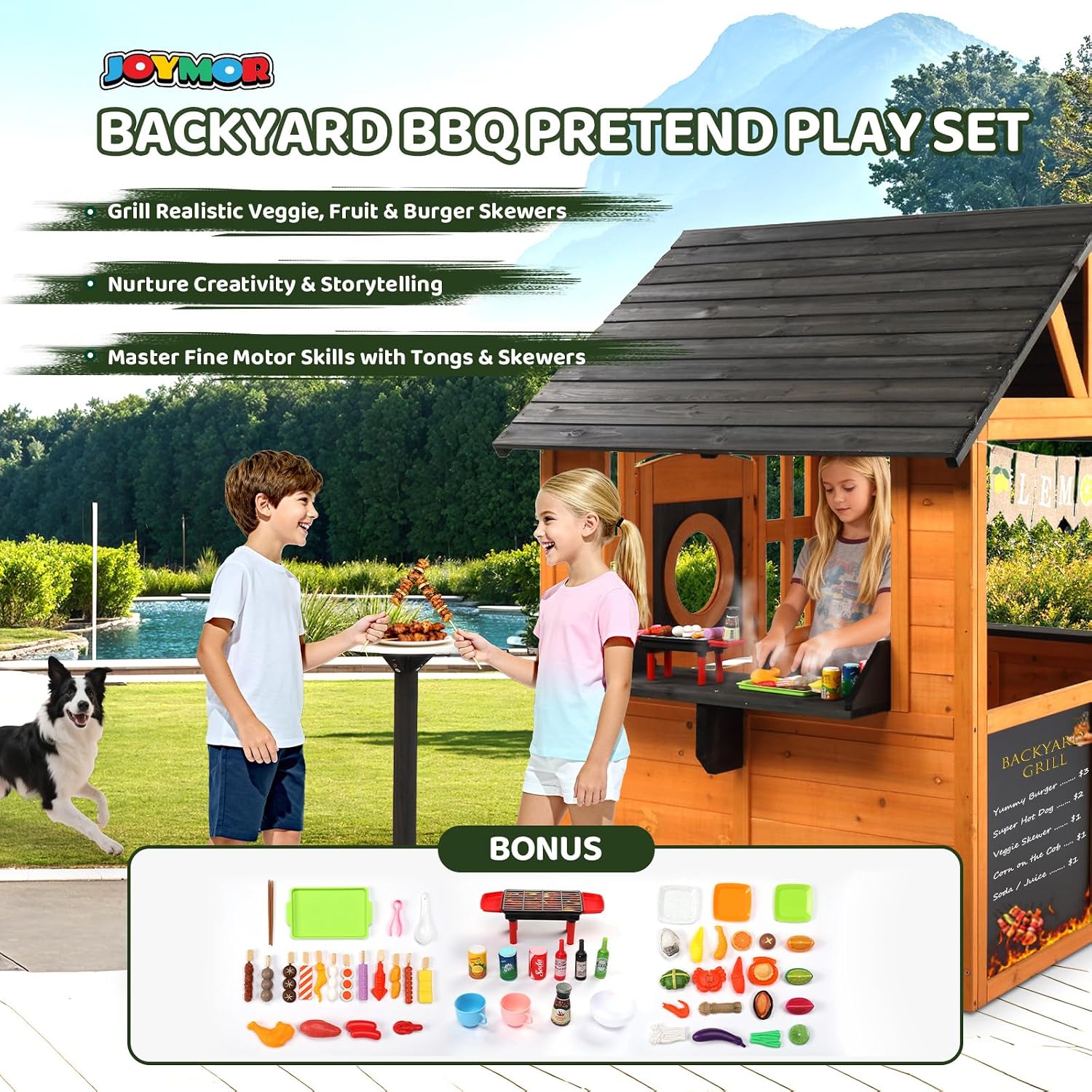 Kids Outdoor Playhouse with Snack Bar, Chalkboard & Lemon Banner, Toddler Outdoor Toys for Backyard Garden Indoor