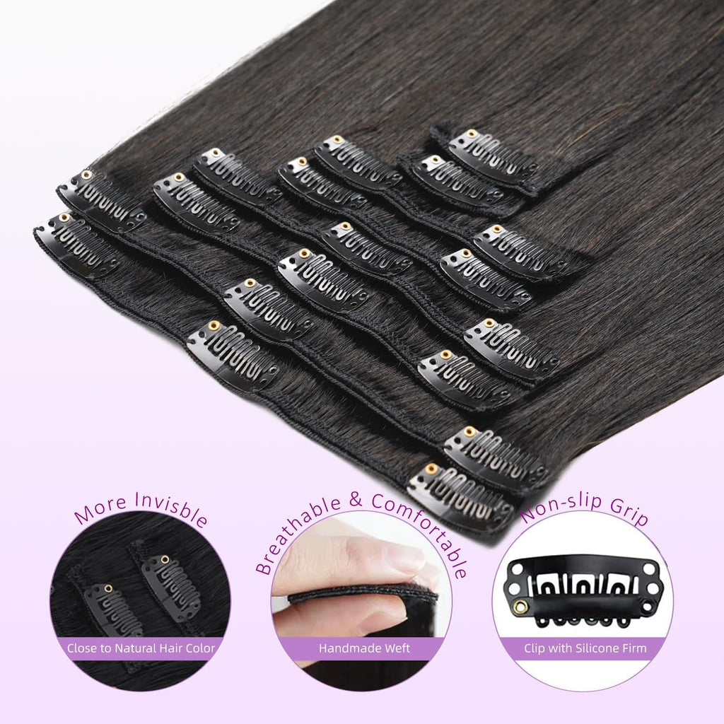 Clip in Hair Extensions Real Human Hair Clip ins For Women 1B Natural Black | 24Inch 120g/4.2oz, 8pcs Per Set, Double