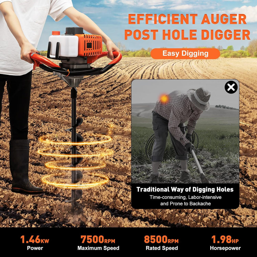52cc Gas Powered Earth Auger Post Hole Digger Borer Fence Ground Drill 4inch / 6inch / 8inch Bits