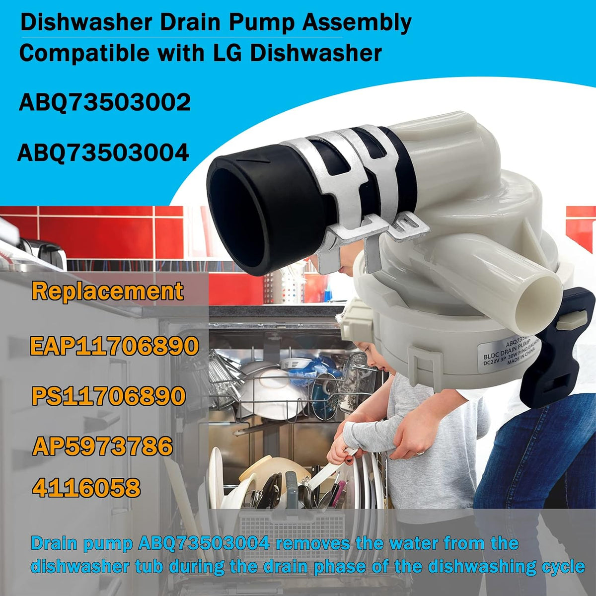 ABQ73503002 ABQ73503004 Dishwasher Drain Pump Assembly Compatible with LG Dishwasher, ABQ73503004 ABQ73503002 Drain Hose Pump, Included Case Assembly -10 Year Warranty