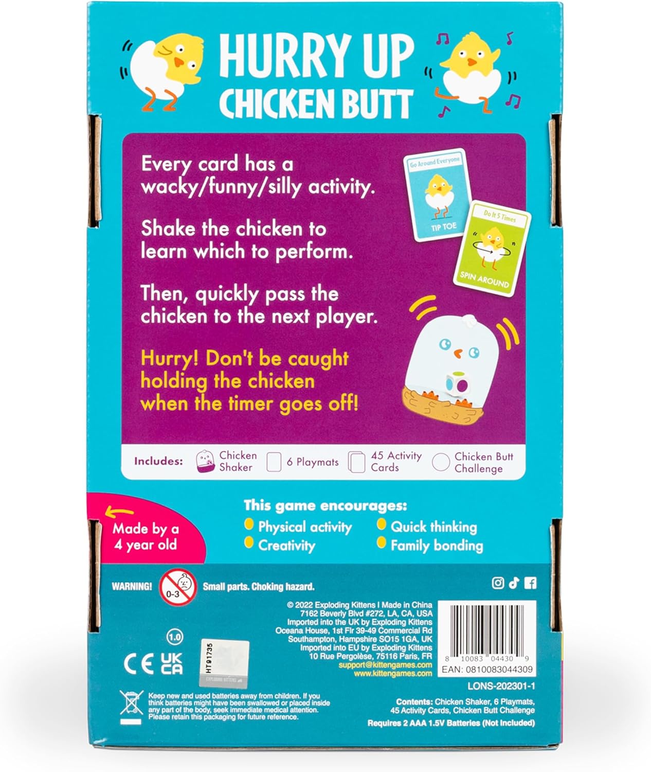 Hurry Up Chicken Butt 2-6 Players - Ages 4+ - 2 Minutes to Play - Hot Potato Style Card Game - Fun Card Game, Family