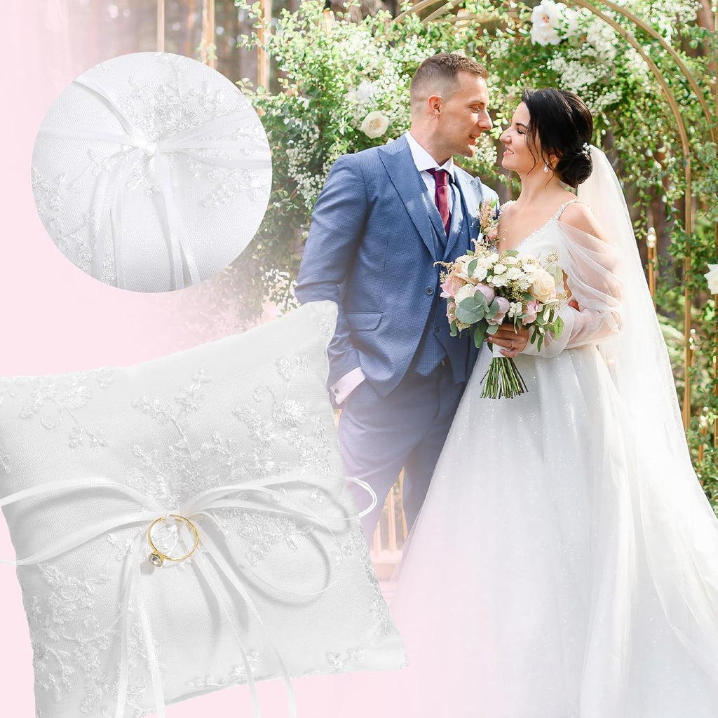 Wedding Ring Bearer Pillow, White Lace Trim Cotton Cushion Elegant Ring Holder for Wedding Ceremony and Proposal