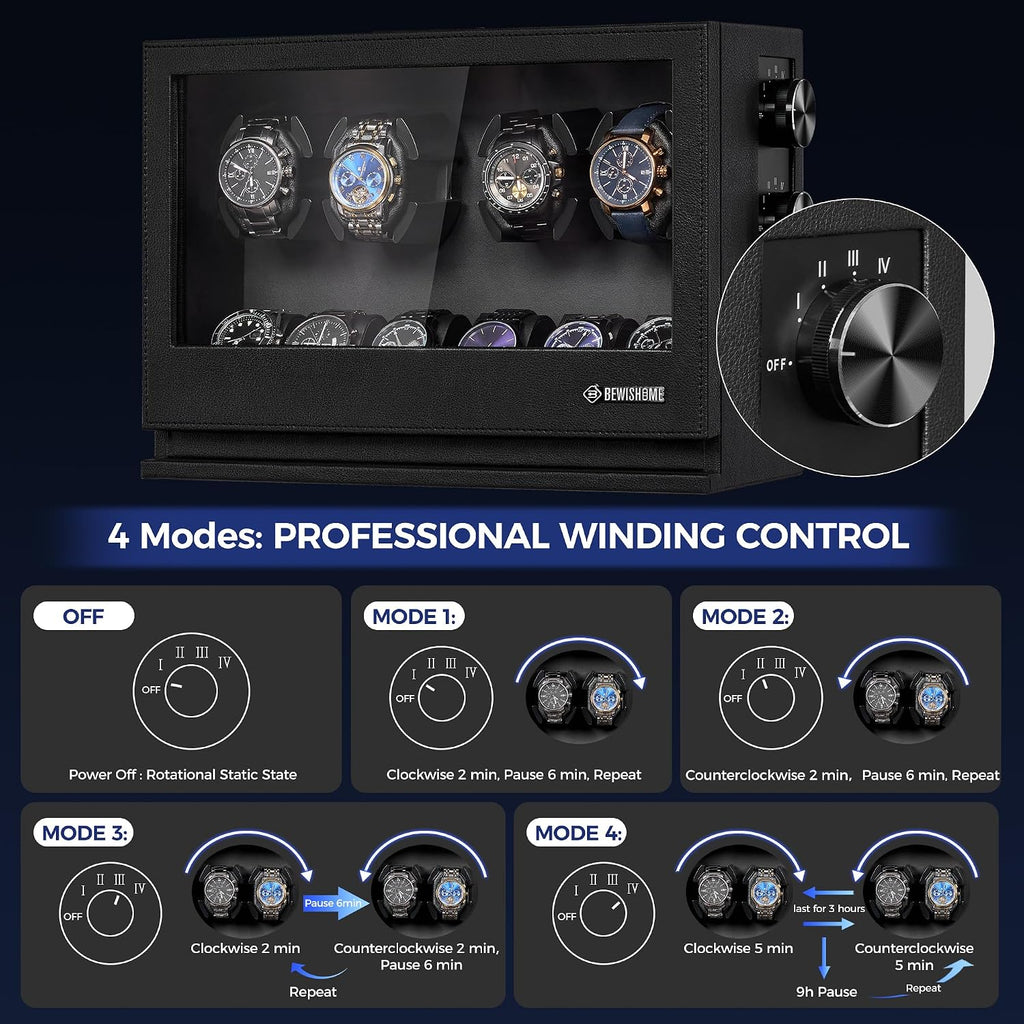 Watch Winders for Automatic Watches, 4 Watch Winder | 6 Watch Display Case with Led Light 4 Modes, Automatic Watch