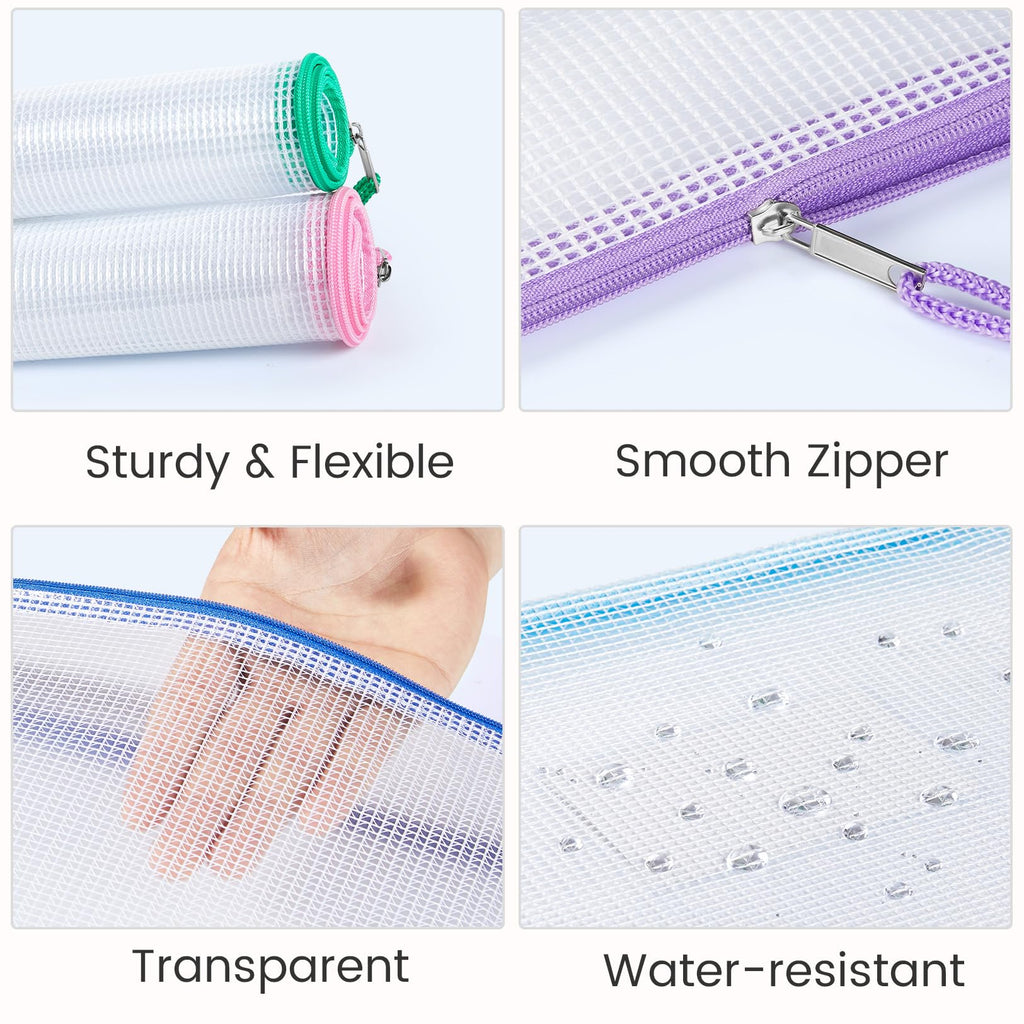 24 Pack Mesh Zipper Pouch with Sticky Labels, A4 Mesh Bags Organizer