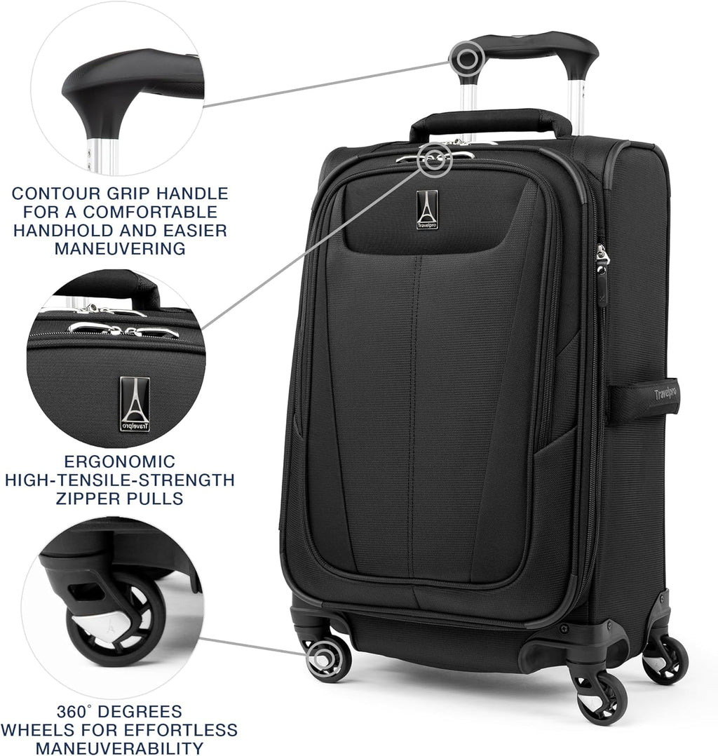 Maxlite 5 Softside Expandable Luggage with 4 Spinner Wheels, Lightweight Suitcase, Men and Women, Black, Carry-on