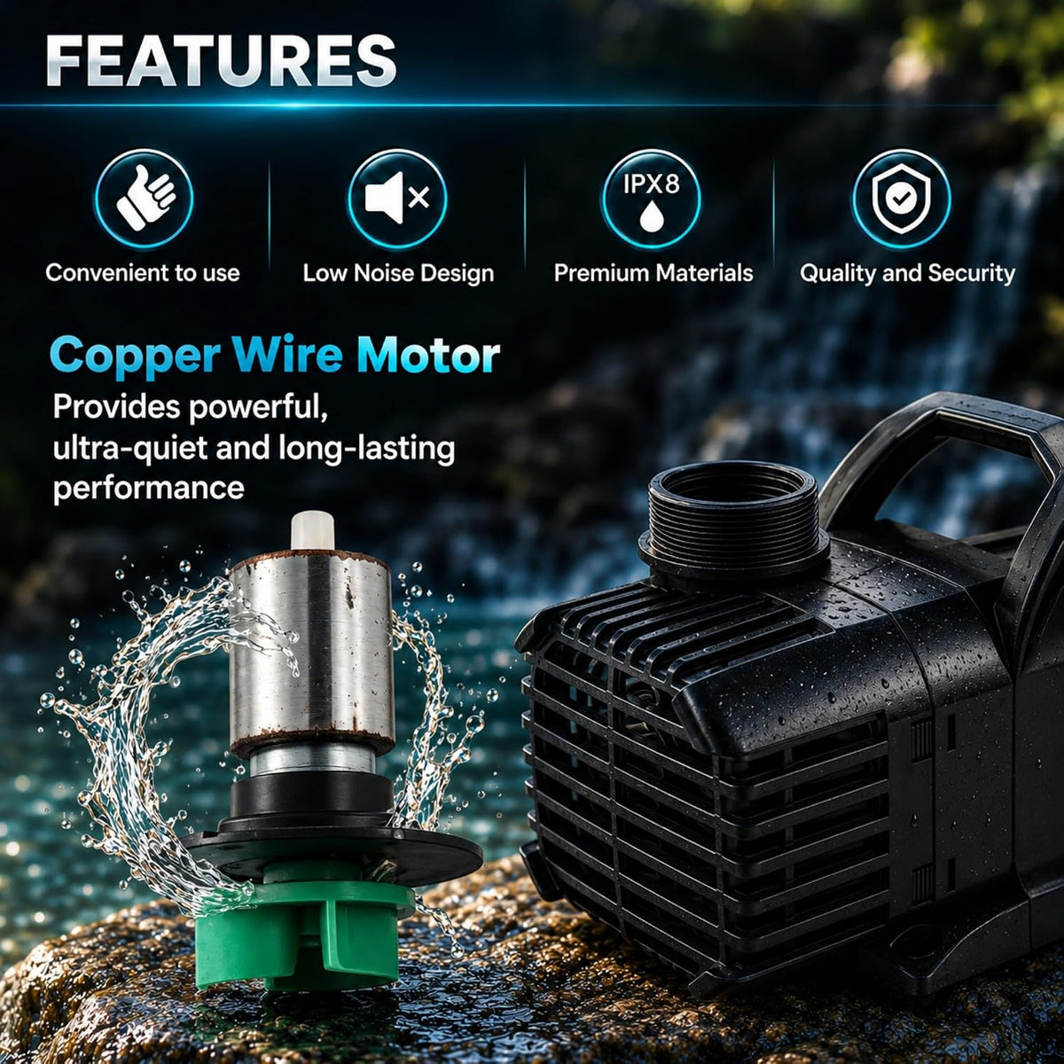 Aqua Pulse Submersible Pond Pump, 2,000 GPH, 33 ft Cord
