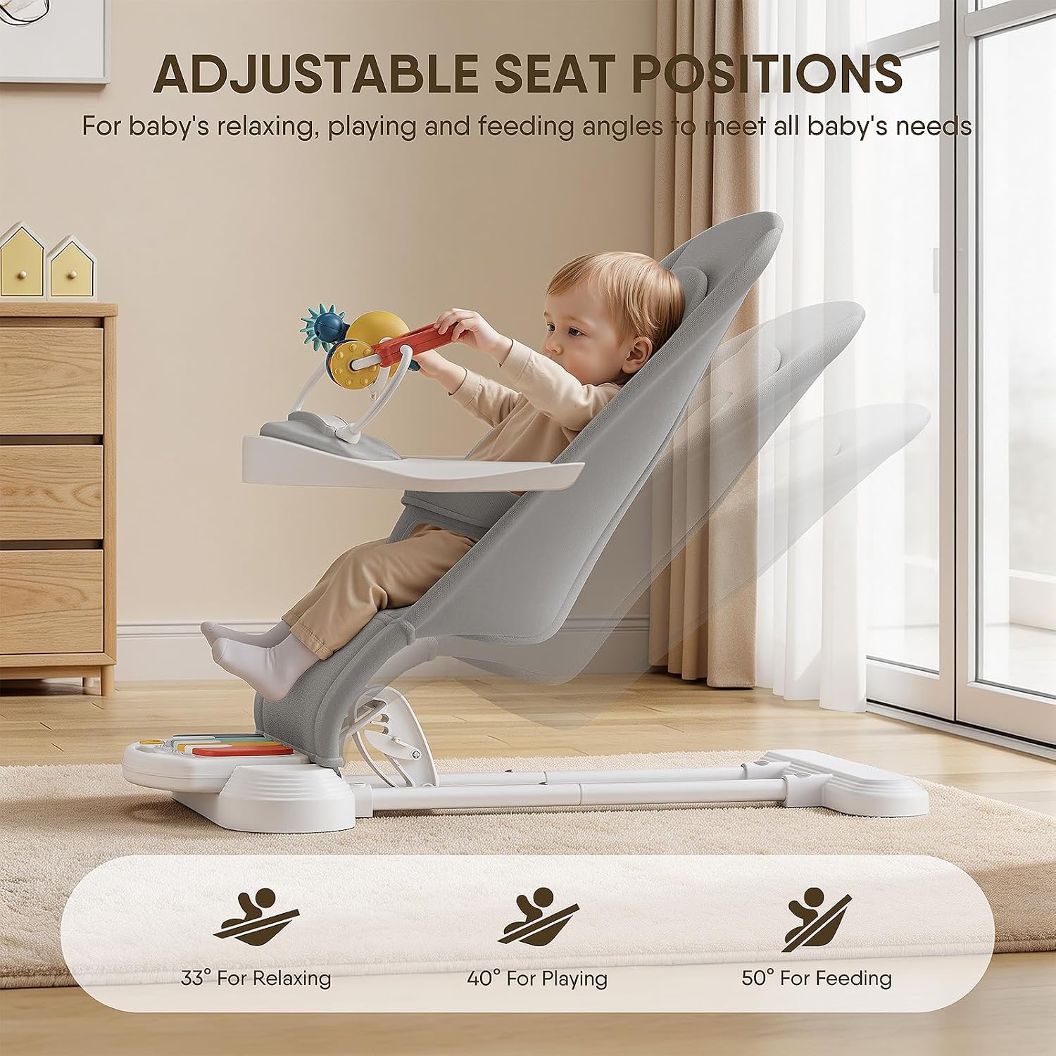 Baby Bouncer, Easy to Assemble Baby Bouncer Seat with Feeding Tray | 3 Adjustable Positions, Detachable Piano &