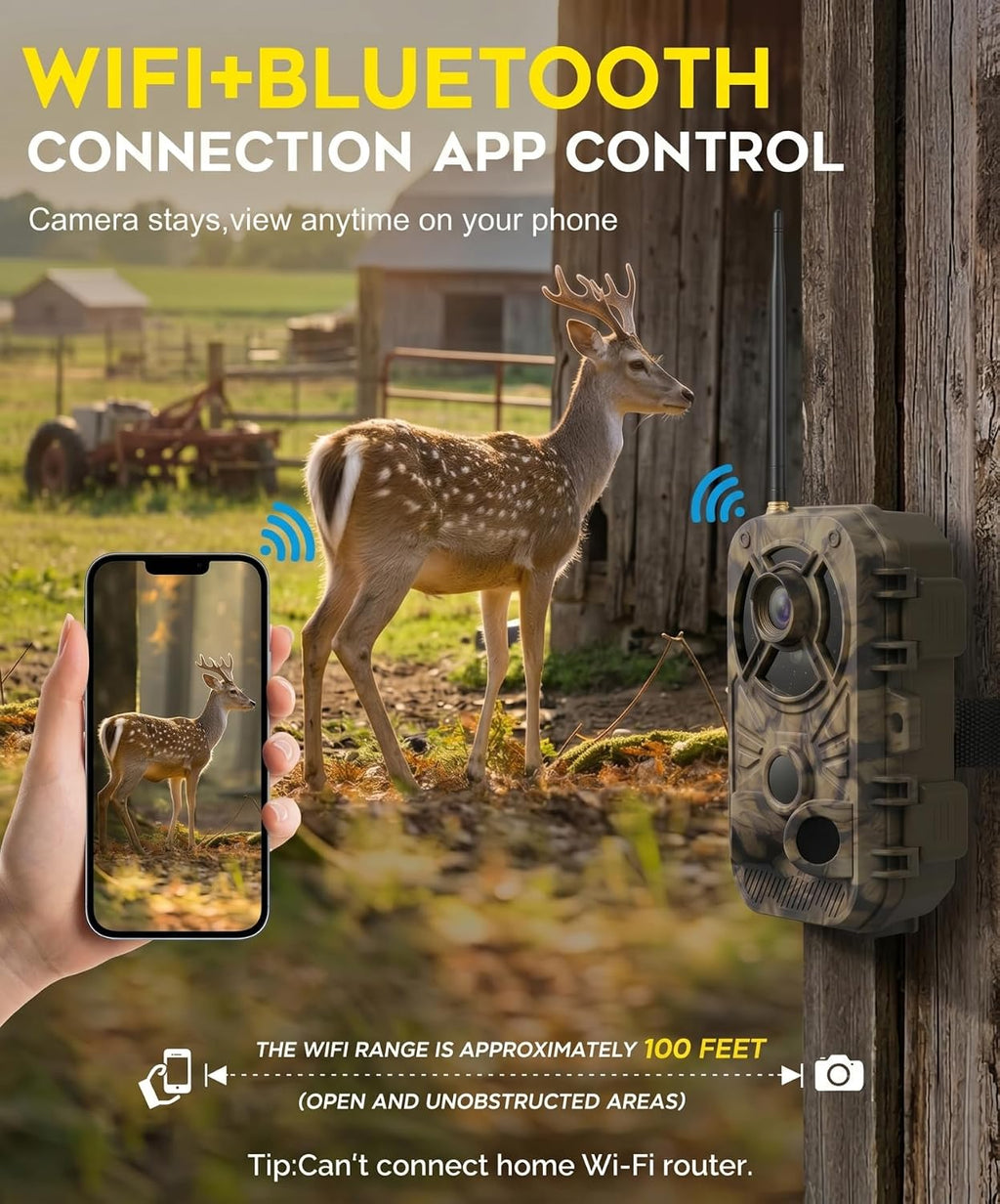 WiFi Trail Camera 4K 48MP, Night Vision Game Camera for Wildlife Hunting, 0.1s Trigger IP66 Waterproof (32GB Card