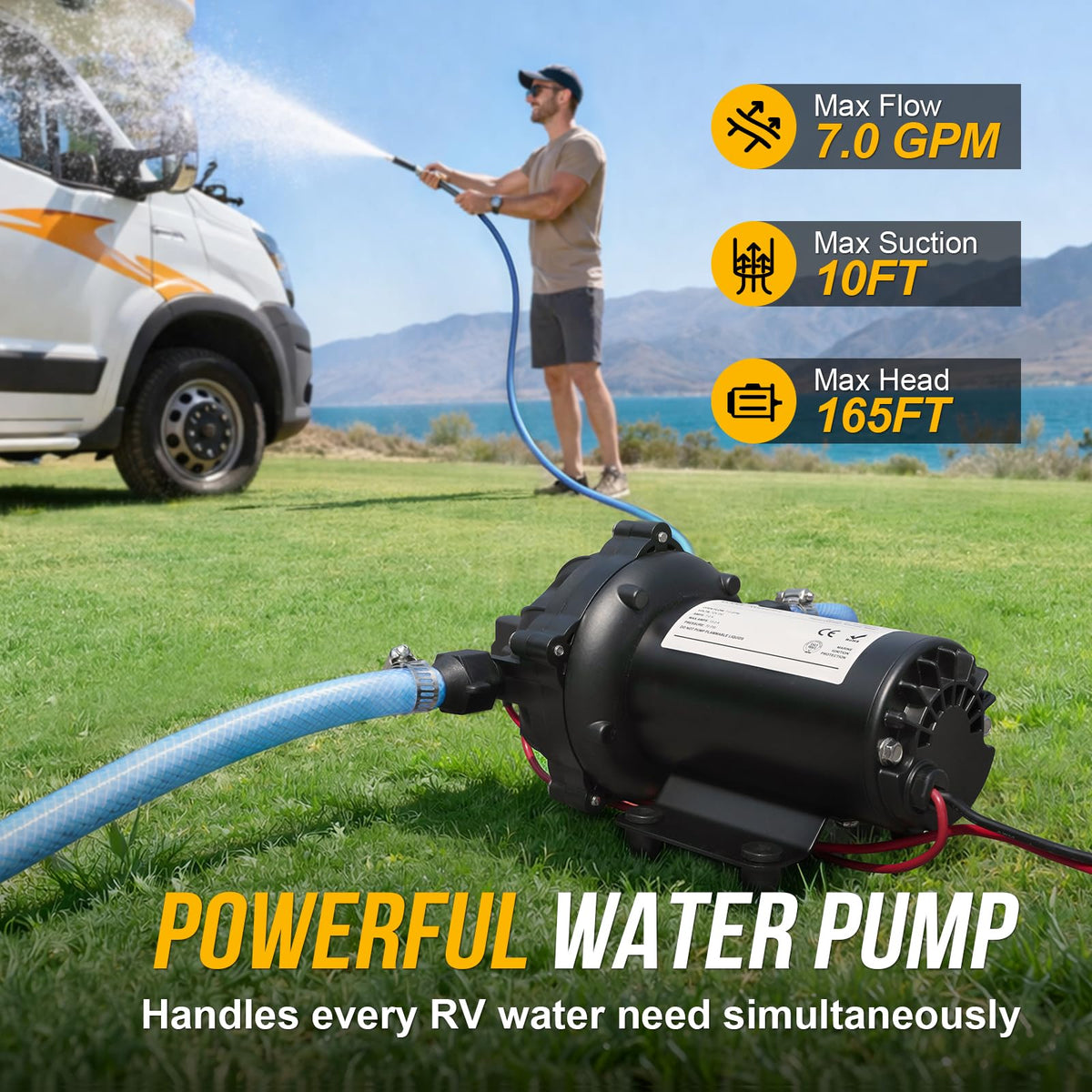 Gidrox 12V RV Water Pump, 7.0 GPM 70 PSI Diaphragm Pump, 12Volt Quiet Fresh Water Pump with Pressure Switch, Self Priming Pressure Pumps for RV Camper Boat Marine Food Truck