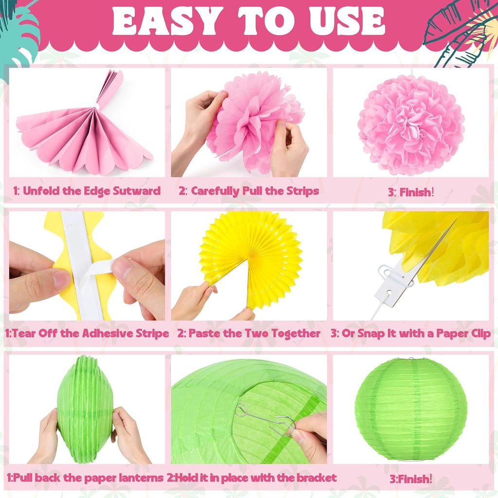 13PCS Hawaiian Party Decorations, Luau Party Decorations, Flamingo and Pineapple Honeycomb Paper Flowers Fans and