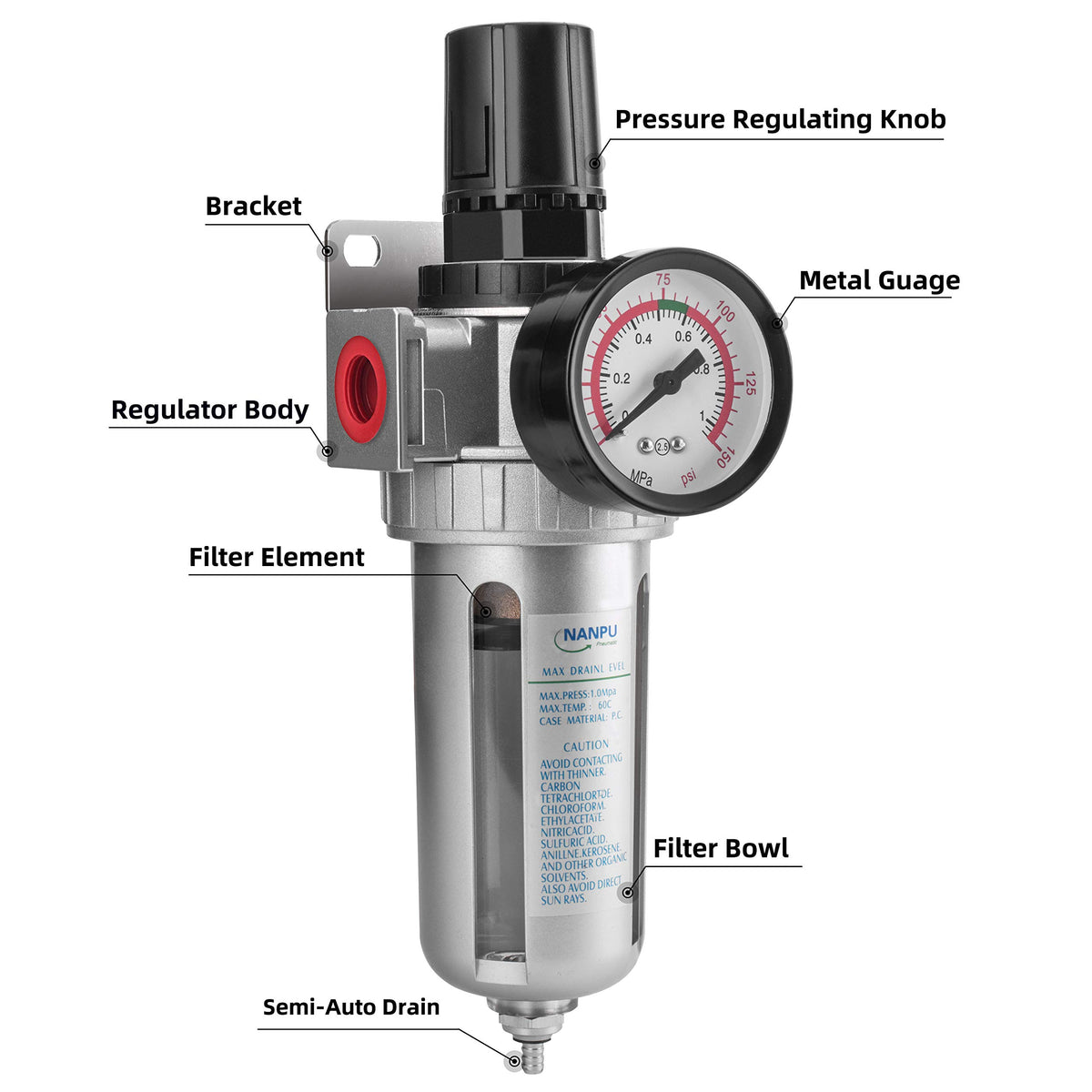 NANPU 1/4" NPT Compressed Air Filter Regulator Combo