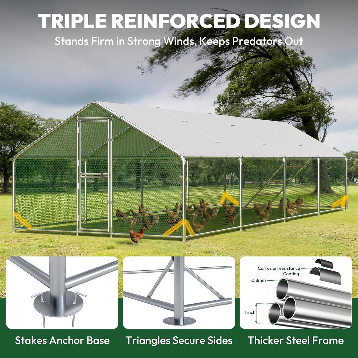 Extra Large Chicken Coop,26x10x6.6FT Metal Chicken Run for Yard with Feeding Door,Walk-in Chicken Pen,Outdoor Poultry