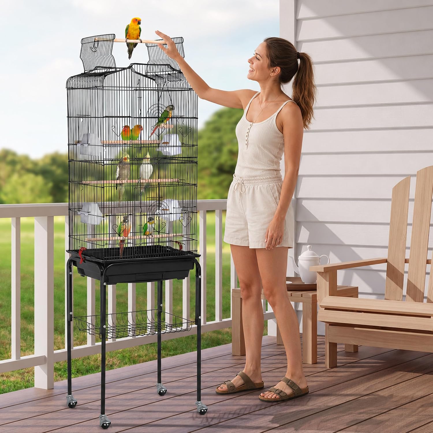64'' Open Top Bird Cage for Parakeets & Cockatiels, Black | Detachable Rolling Stand with Shelf, Easy Clean Slide Out