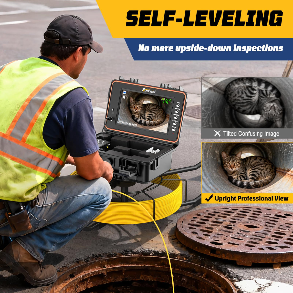 Anysun Self-Leveling Sewer Camera with 512Hz Transmitter, Distance Counter