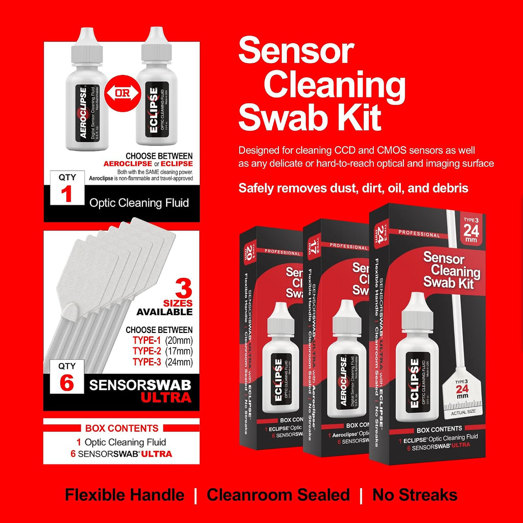 Sensor Cleaning Swab Kit - Aeroclipse Non-Flammable Optic Cleaning Solution (0.5oz/15ml) + Type-3 Sensor Swab Ultra
