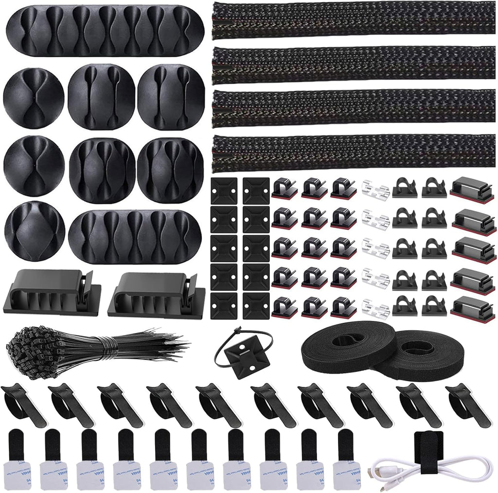 Cord Management Organizer Kit 4 Cable Sleeve split with 41Self Adhesive Cable Clips Holder, 10pcs and 2 Roll Self