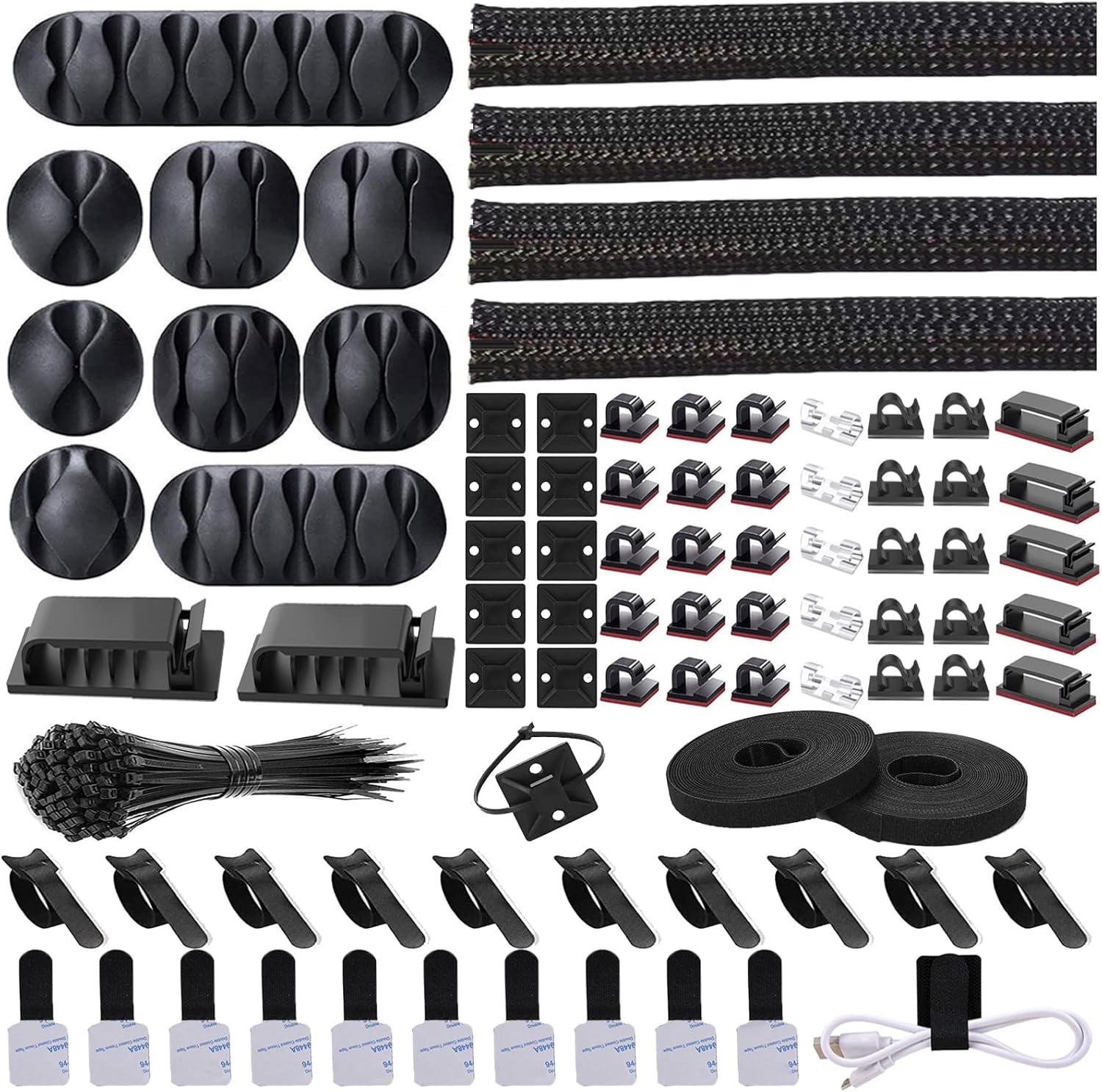 Cord Management Organizer Kit 4 Cable Sleeve split with 41Self Adhesive Cable Clips Holder, 10pcs and 2 Roll Self