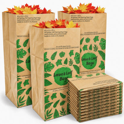 10 Pack 30 Gallon Leaf Bags Brown Paper, 2-Ply Heavy Duty Lawn and Refuse Bags, Yard Waste Bags for Home, Garden