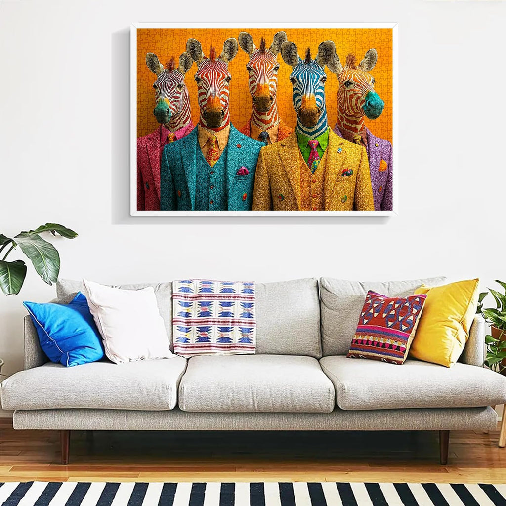 1000 Piece Jigsaw Puzzles for Adults, Funny Colorful Zebras in Suits, Quirky Animal Pop Art Puzzle, Vibrant Family