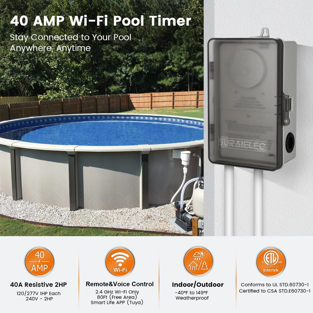 SURAIELEC WiFi Pool Timer, 40Amp 2HP, 120/240/277VAC, Smart Pool Controller