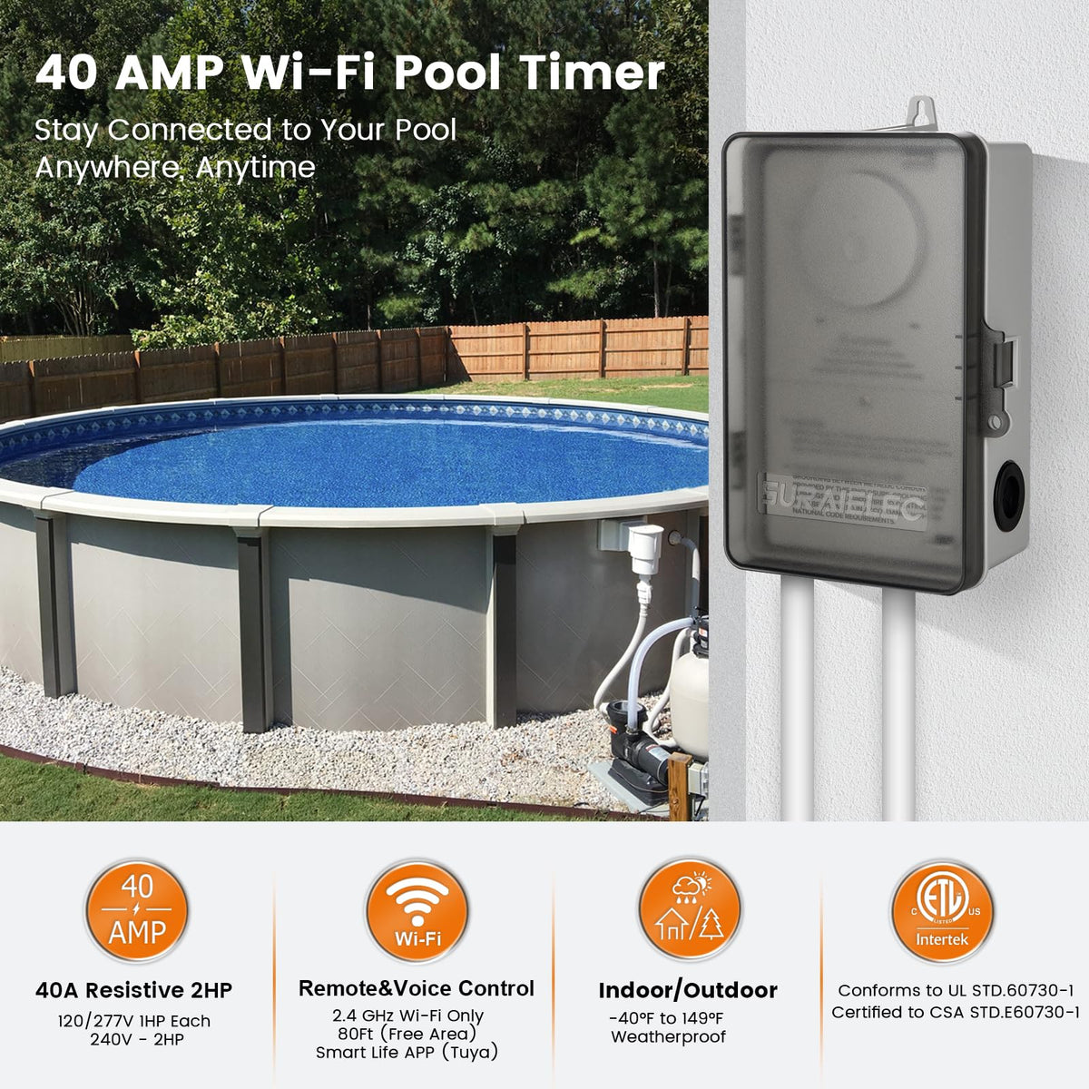 SURAIELEC WiFi Pool Timer, 40Amp 2HP, 120/240/277VAC, Smart Pool Controller