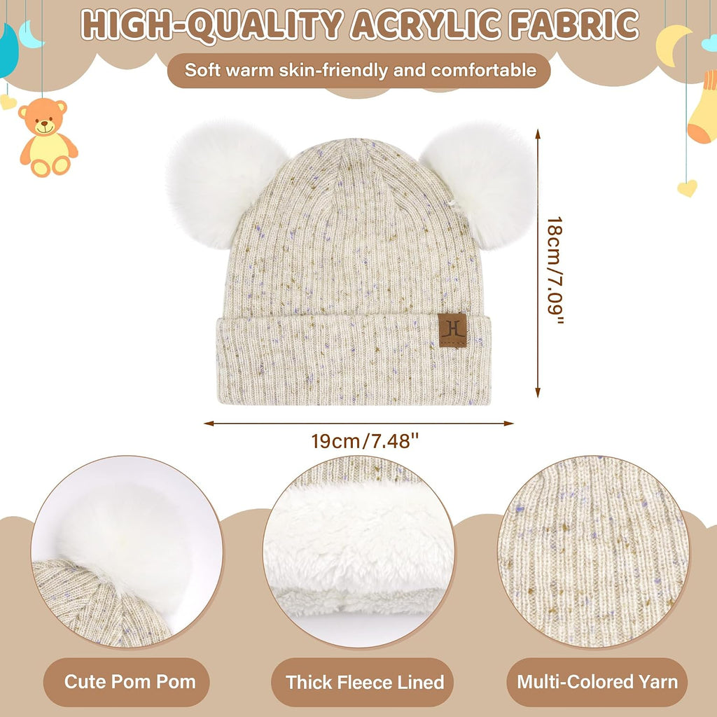 Kid Toddler Winter Beanie Hat Gloves Scarf for 0-4Y Girls | Pompoms Knit Thermal Warm Mittens for 0-6 6-12 12-18