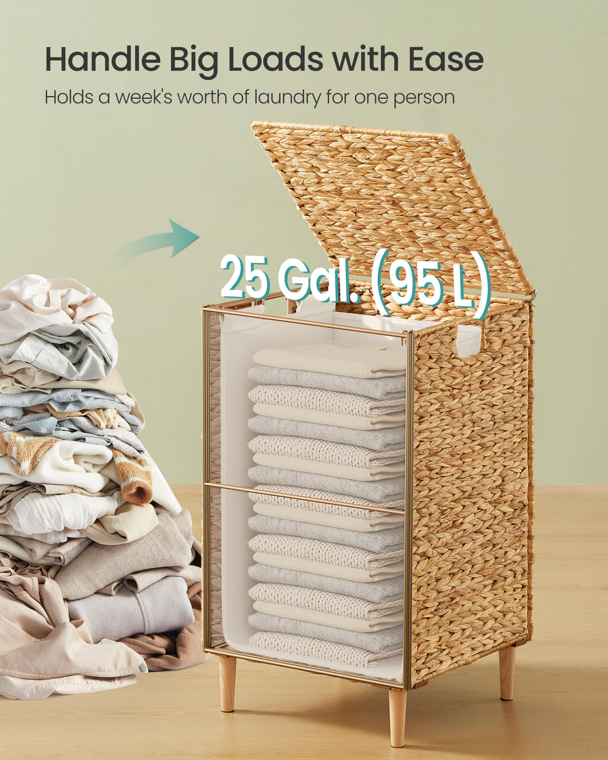 Laundry Hamper With Lid, 95 L Wicker Handwoven Water Hyacinth