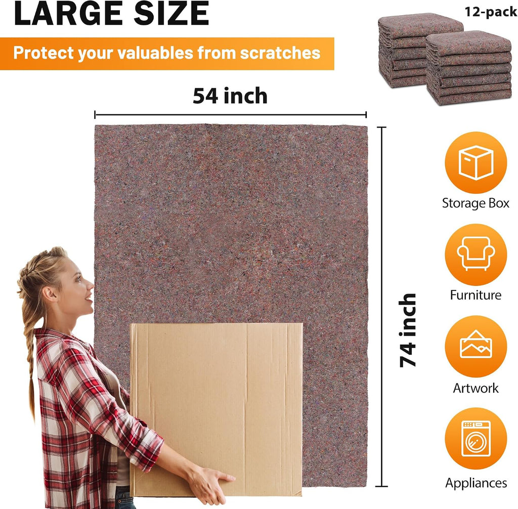 Textile Moving Blankets 100% Recycled 54” x 72” Professional Shipping Moving Packing Pads Furniture Pads Storage