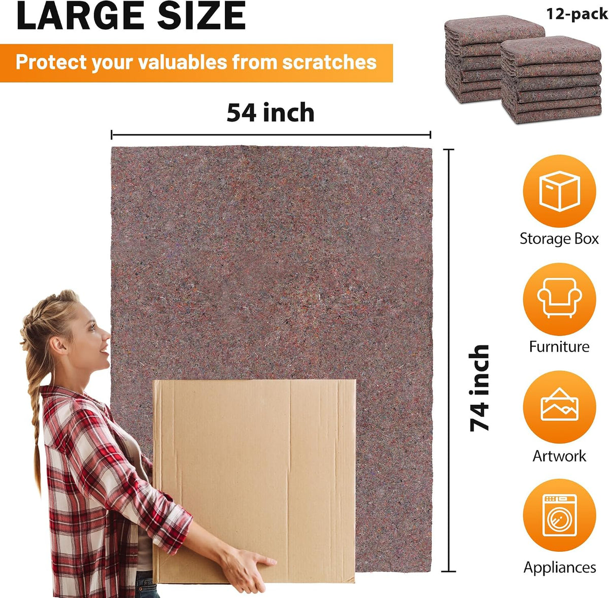 Textile Moving Blankets 100% Recycled 54” x 72” Professional Shipping Moving Packing Pads Furniture Pads Storage