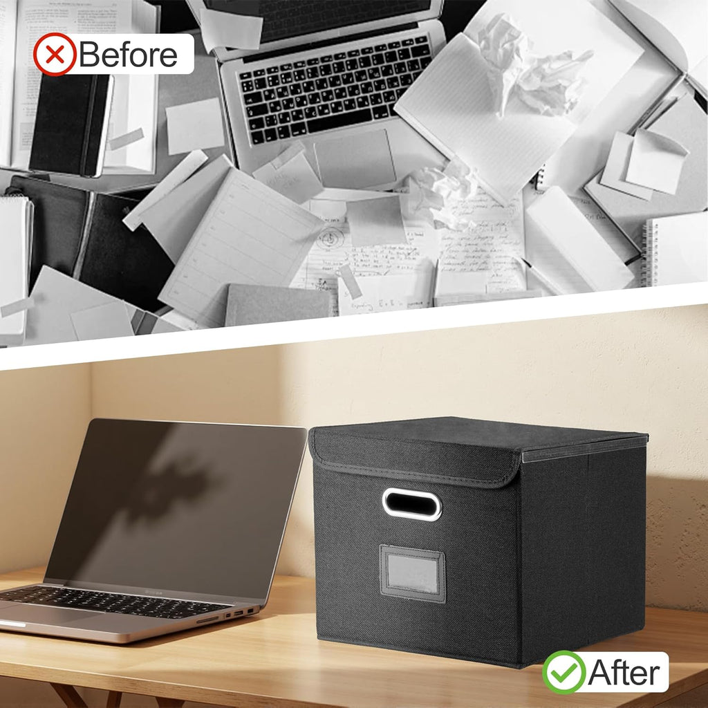 Collapsible File Box with Lid & Plastic Slide - Hanging Document Organizer for Office/Home, 14.96x12.6x10.83