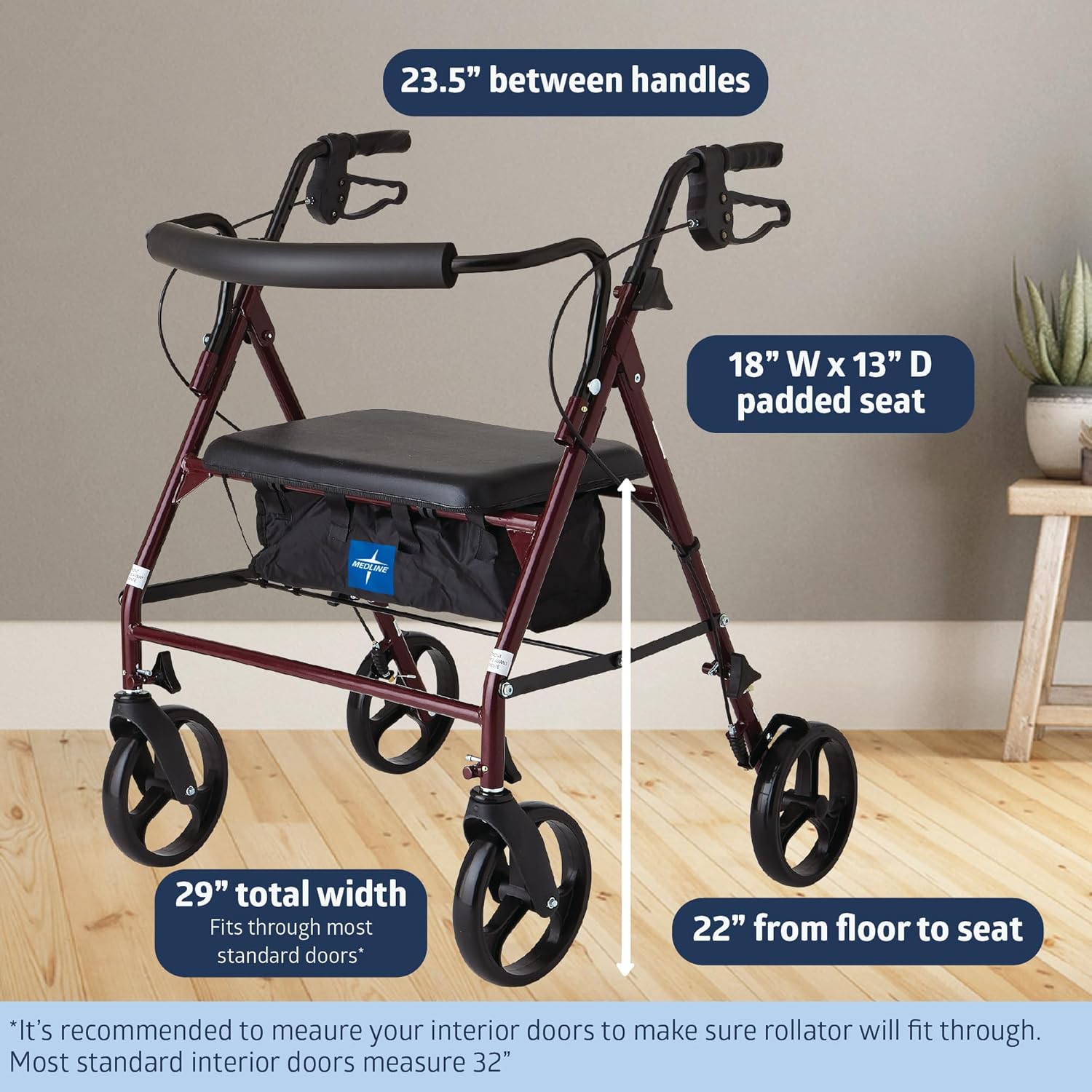 Large Steel Bariatric Rollator Walker with Adjustable Handles, Padded Seat & Backrest, Burgundy, 500 lb. Weight