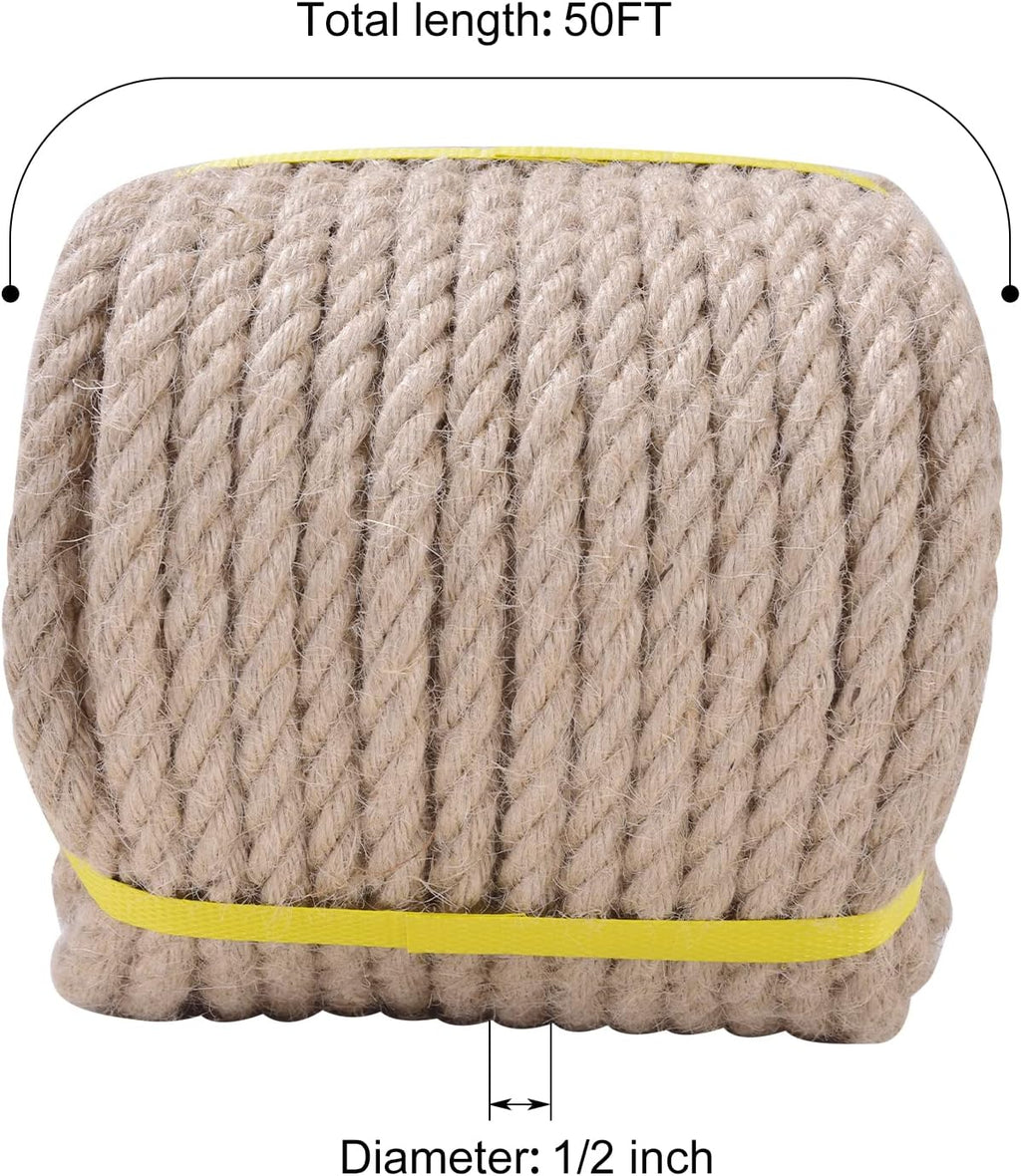 1/2 Inch Jute Rope 50 Ft - Twisted Manila Natural Thick Hemp Rope