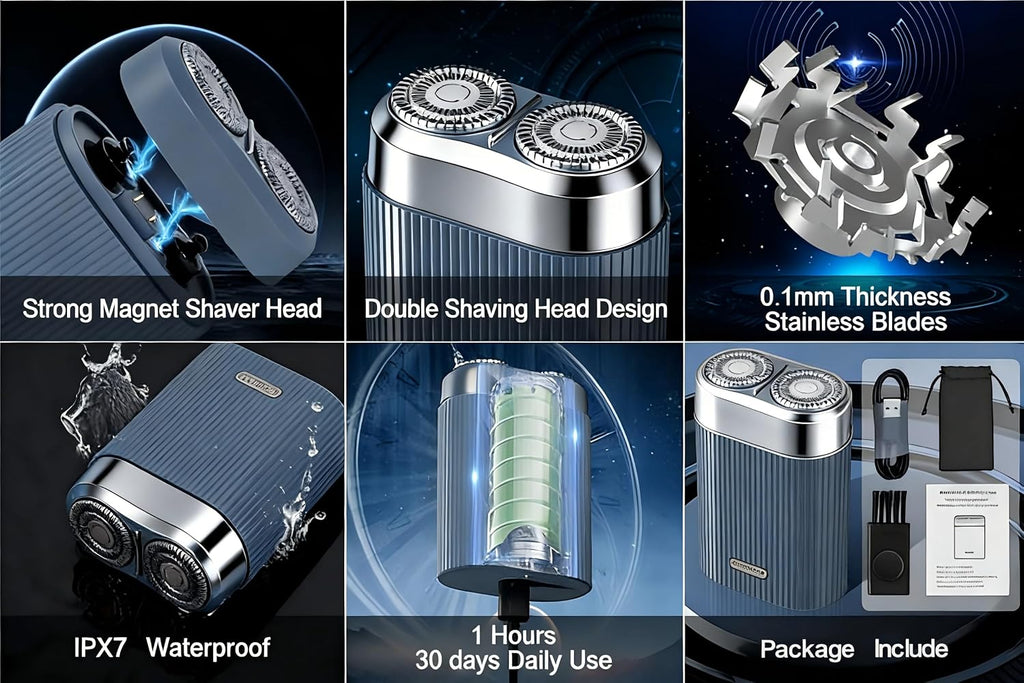 Dual Head Electric Shaver for Men, Rechargeable USB Portable Razor, Wet & Dry Washable Rotary Shaver, Compact Travel
