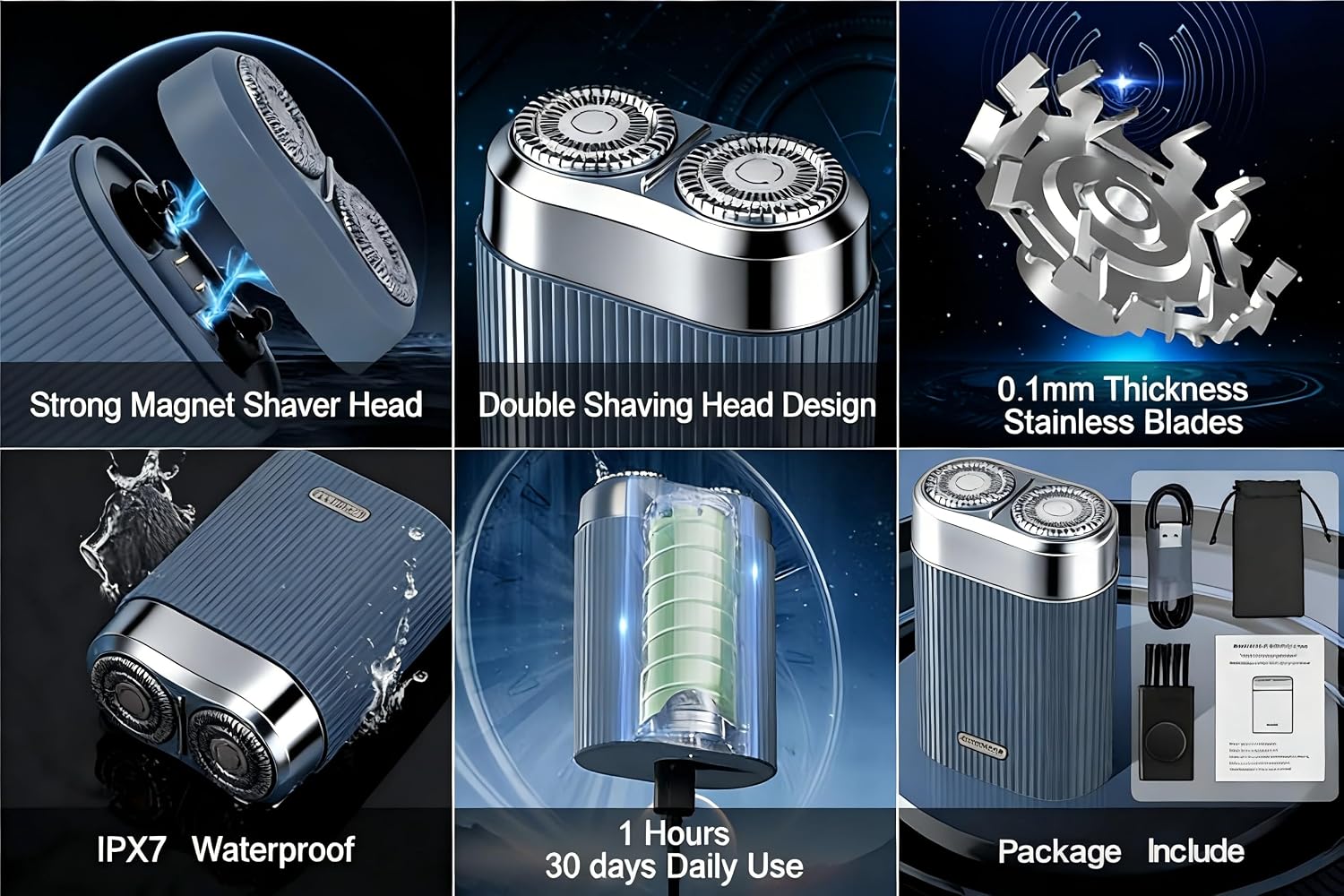 Dual Head Electric Shaver for Men, Rechargeable USB Portable Razor, Wet & Dry Washable Rotary Shaver, Compact Travel