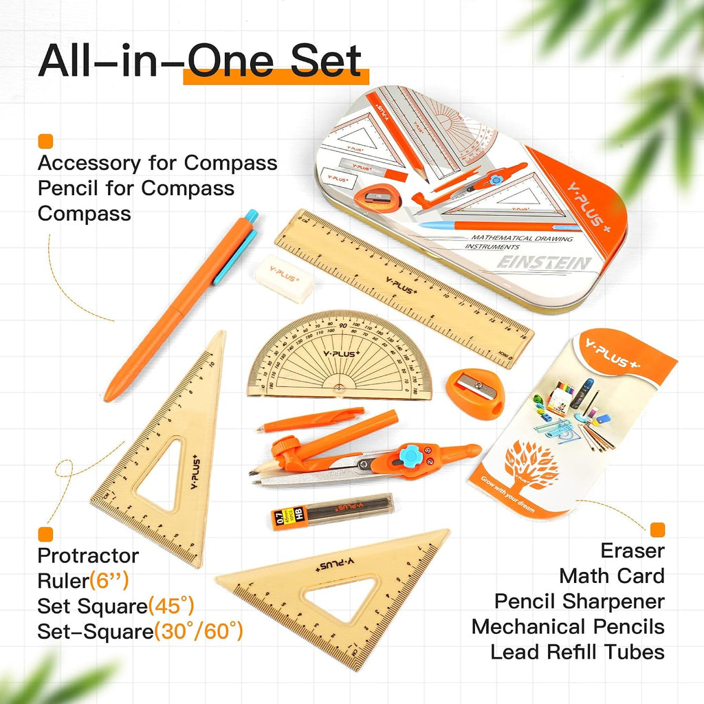 Geometry Set, Protractor and Compass Set for Students, 12Pcs | Compass Drawing Tool with Metal Case, Rulers