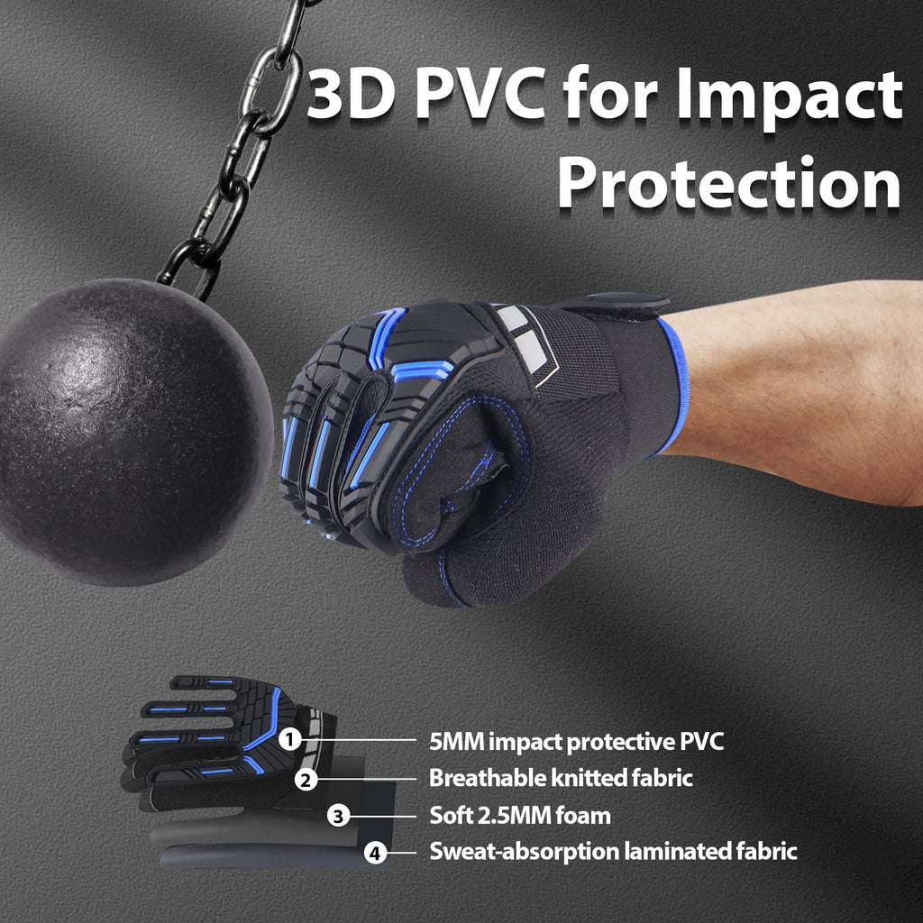 Work Gloves for Men, TPR Impact Protection, Mechanic Gloves,BLue,M