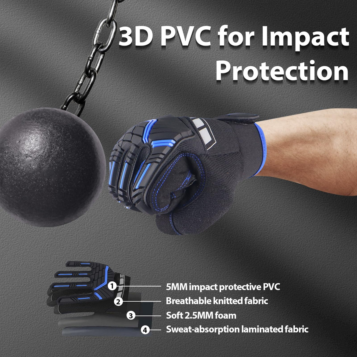 Work Gloves for Men, TPR Impact Protection, Mechanic Gloves,BLue,M