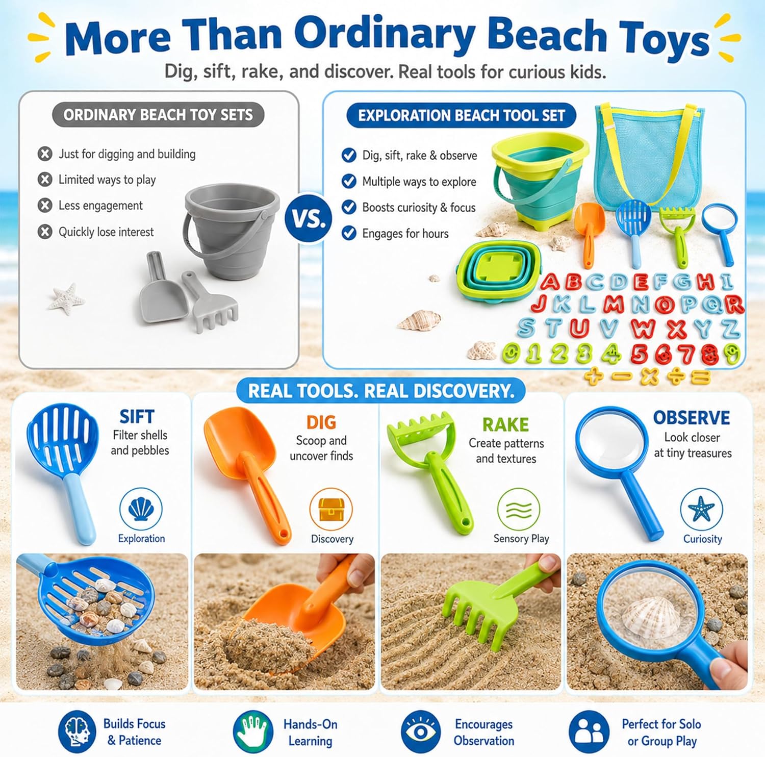 47pc Collapsible Beach Toys for Toddlers Kids ，Educational Sand Toys with Letter & Number Molds, Collapsible Bucket