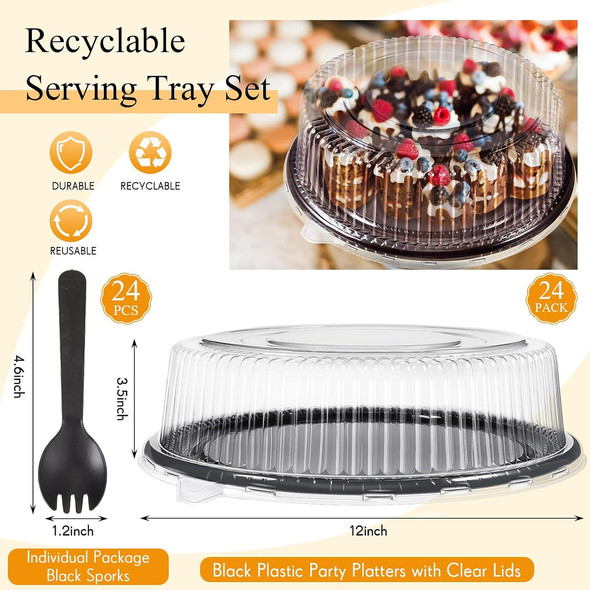 24 Pack Disposable Serving Tray with Lid Black, 12 Inch