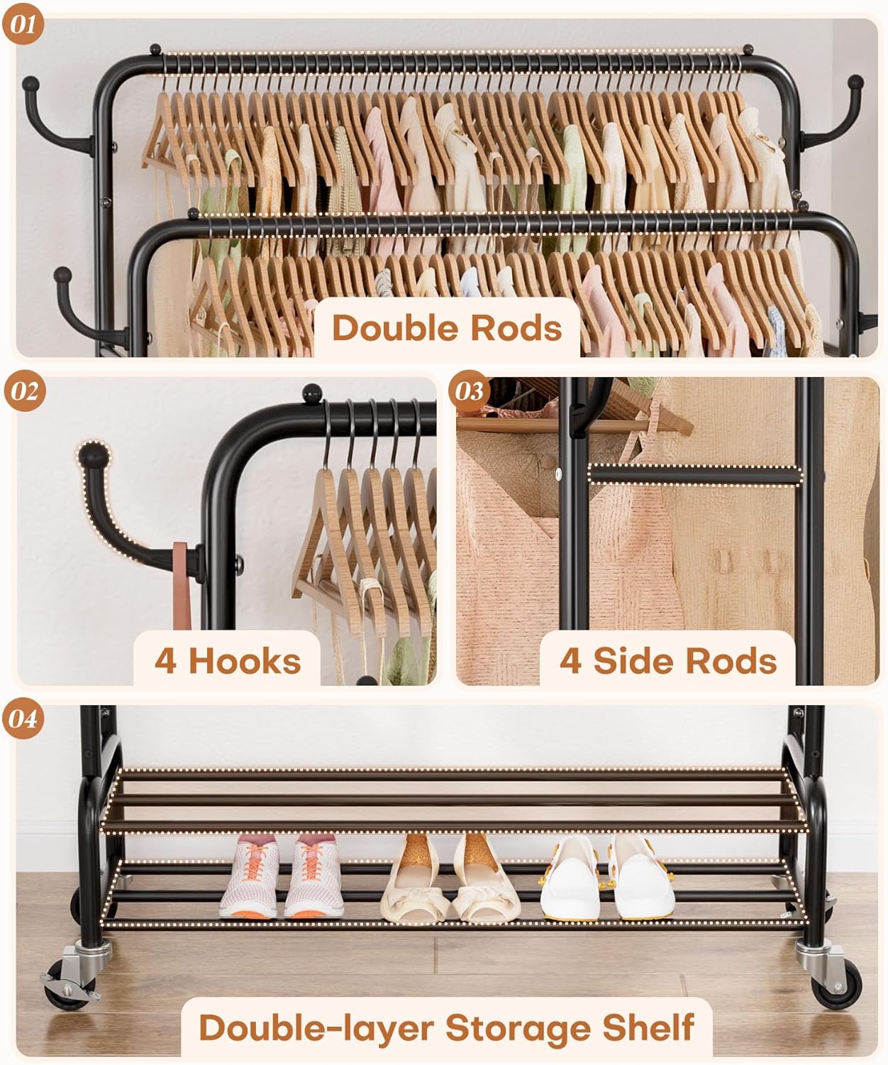 Sturdy Garment Rack for Bedroom: 265 lbs Heavy Duty Clothes Organizer | 2 Hanging Rods Hold Coat to T-Shirt - Easy