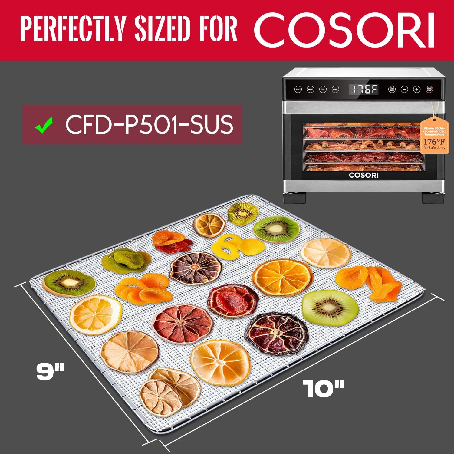 Silicone Dehydrator Sheets for COSORI CFD-P501-SUS, 10 x 9 Inch Non-Stick BPA Free, Pack of 5 (Premium Reusable Food