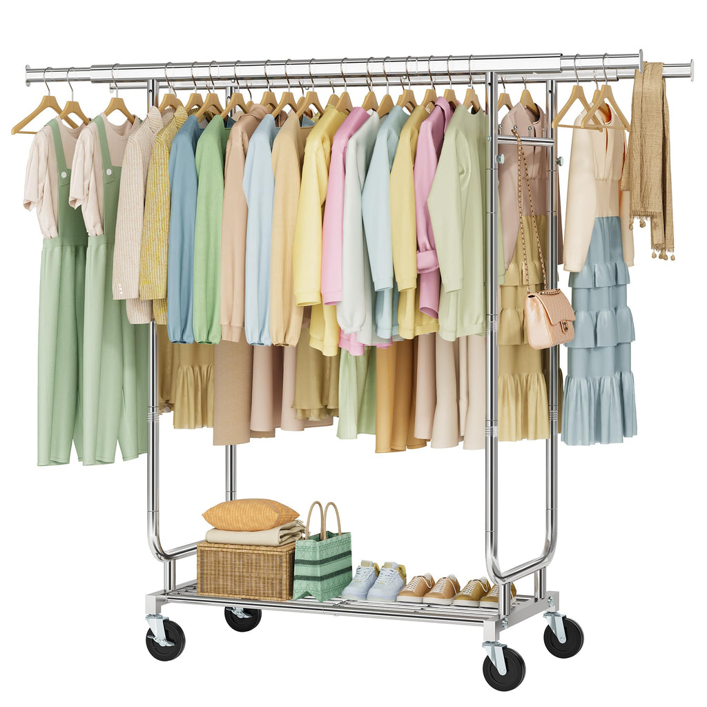 Heavy Duty Rolling Clothes Rack, 620 LBS Load Double Rod Adjustable Garment Rack with Storage Shelf, Portable