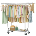 Heavy Duty Rolling Clothes Rack, 620 LBS Load Double Rod Adjustable Garment Rack with Storage Shelf, Portable