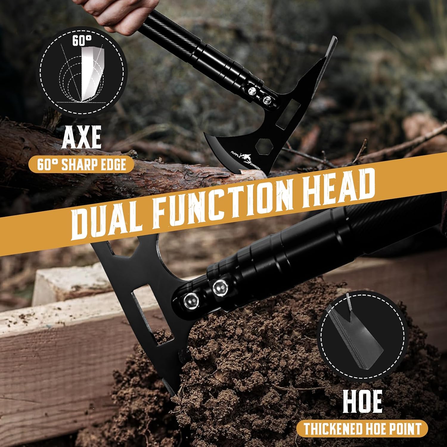 Multi-Tool Tactical Hatchet Survival Axe with Hoe | 9-in-1 Tomahawk, Camping Axe Set for Bushcraft Backpacking &