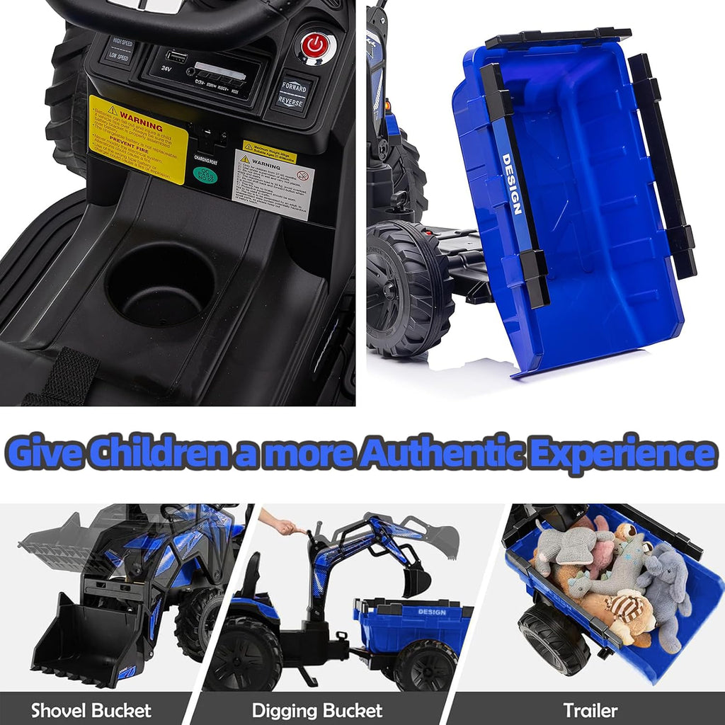 3 in 1 Kids 24V Ride On Tractor, Excavator & Bulldozer, Electric Vehicle w/Trailer, Digger, Shovel Bucket, Remote