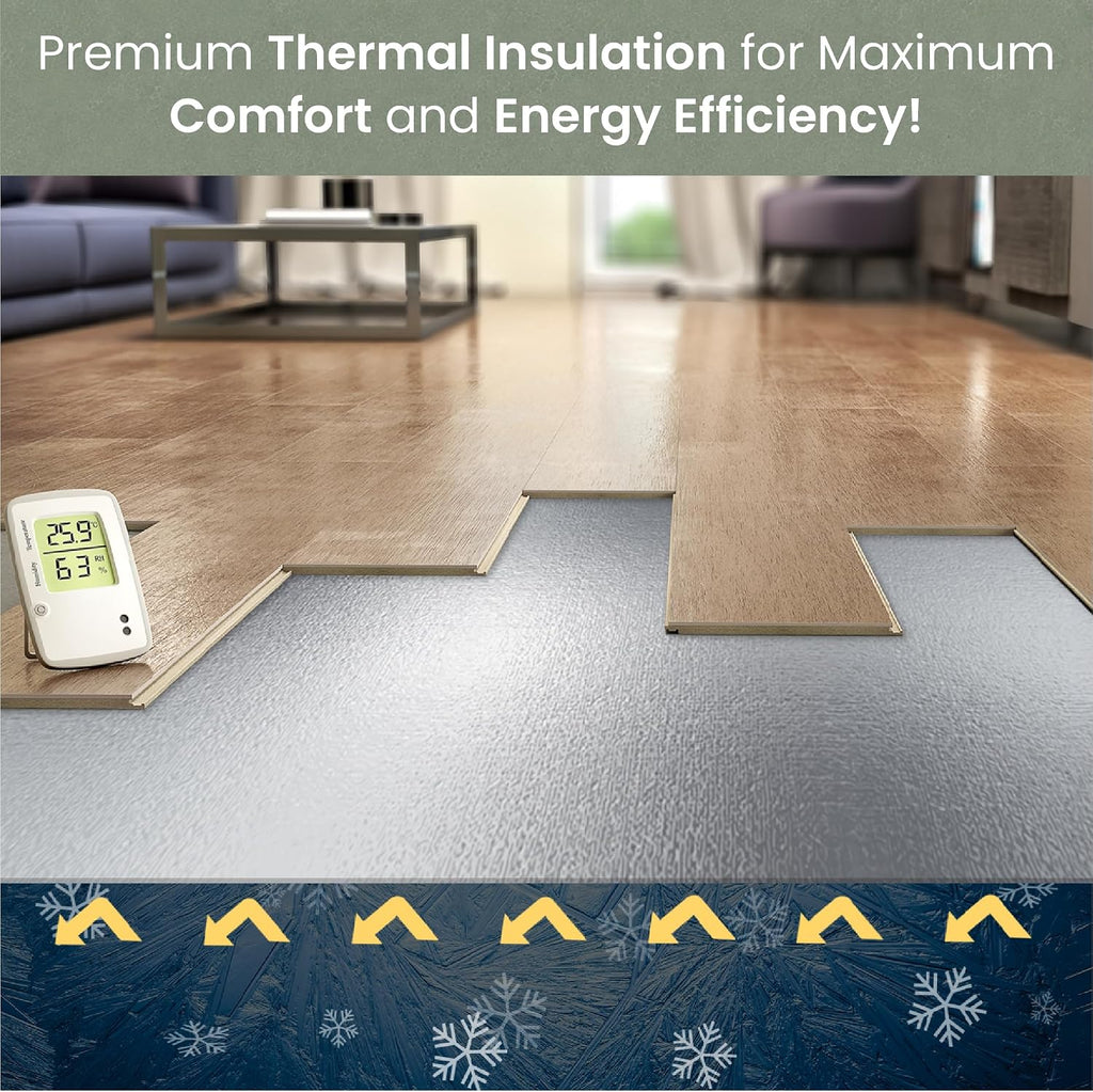 3-in-1 Acoustic Premium Floor Underlayment - 200 sqft Roll - 3mm Thick EVA with Silver Foil Vapor Barrier - Moisture