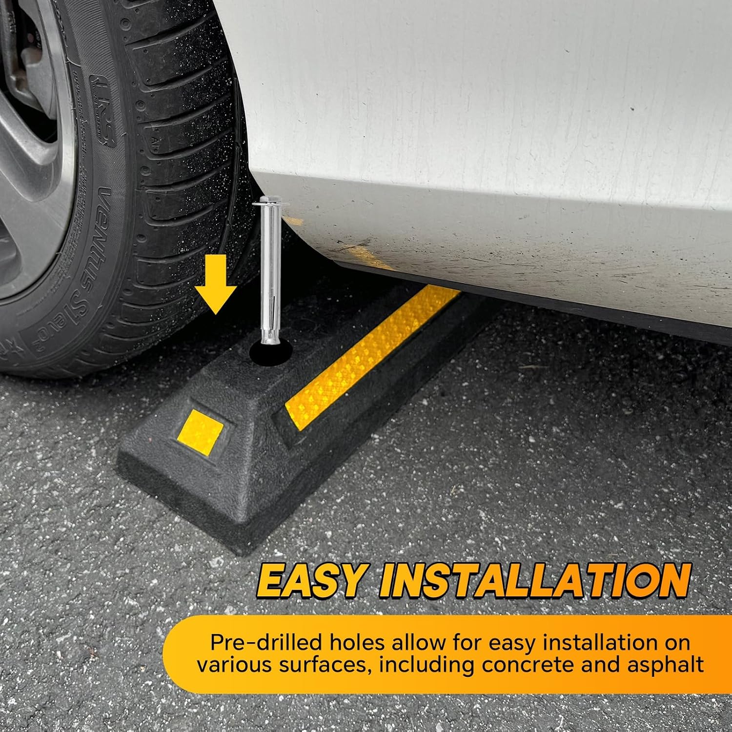 Heavy Duty Rubber Curb Car Stop 2-Pack | Curb Garage Vehicle Floor Stopper for Parking Safety with Reflective Yellow
