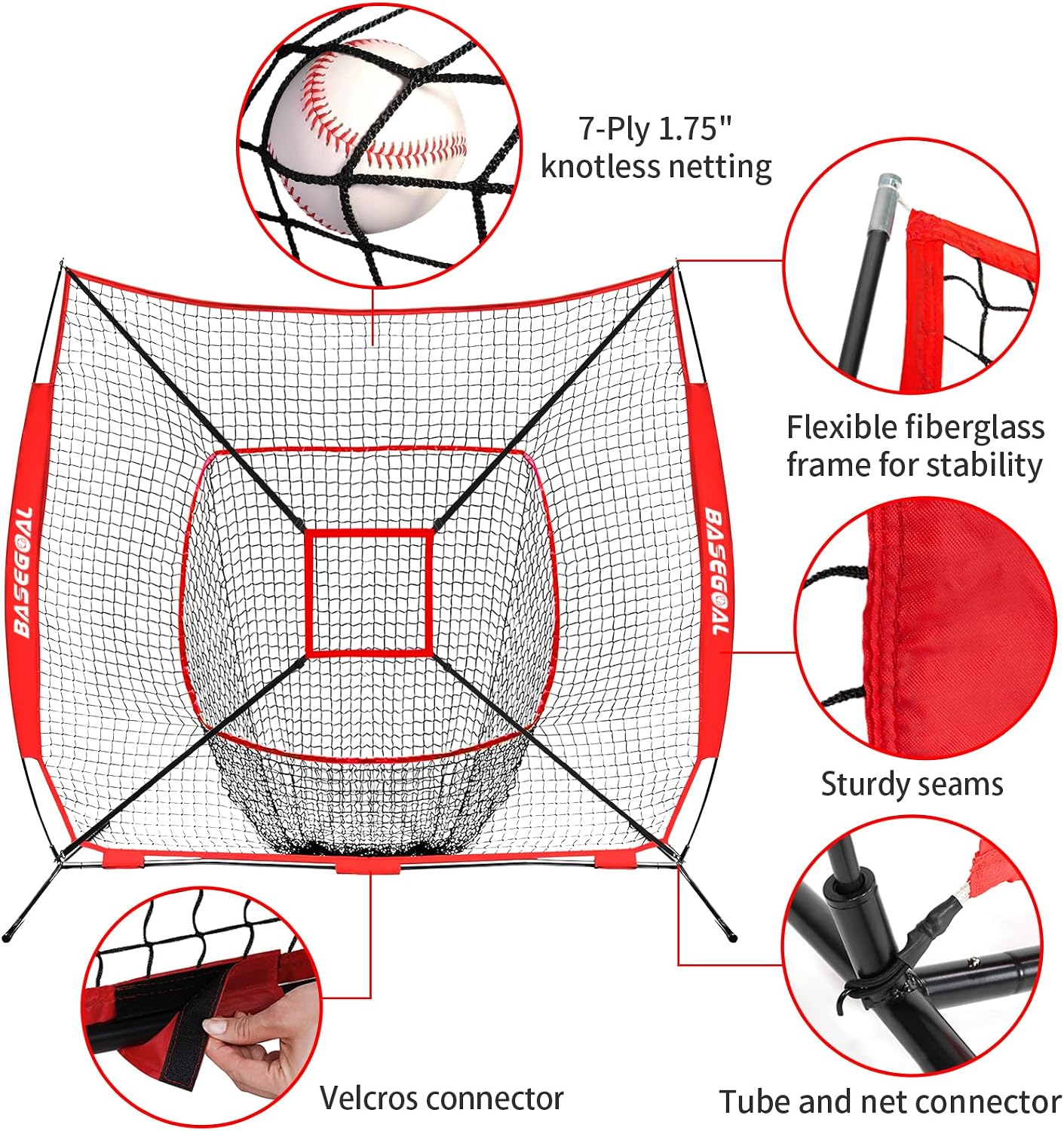 7x7ft Baseball Practice Net with Batting Tee and Strike Zone | Baseball backstop net with 7-strand knotless durable